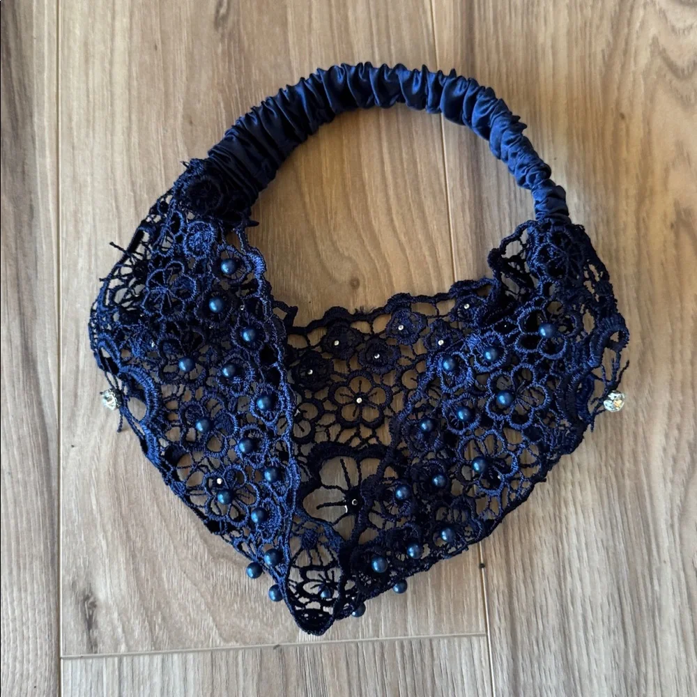 Elegant Navy Blue Beaded Lace Headband